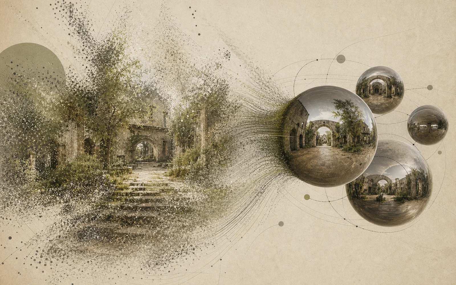 Gaussian Splat 3D scena šalia 360 laipsnių panoramos žymeklių